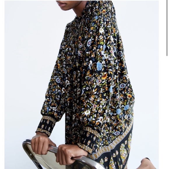 Zara Smocked Long Sleeve Floral Print Dress Large - Picture 9 of 10